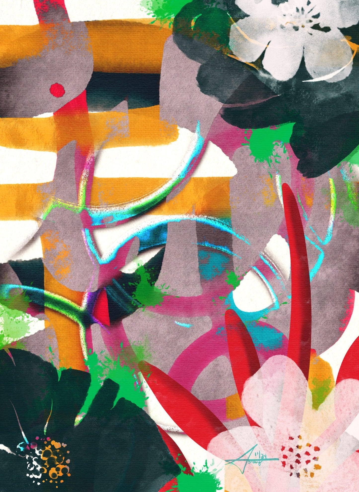Geometric Abstract floral artwork featuring soft white and dark green/blue flowers and vibrant strokes of green, orange, and pink on a textured gray background.