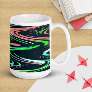 Ceramic glossy mug with original abstract space scene from Artfully Jonesy, featuring deep blue, pink, green and white design.